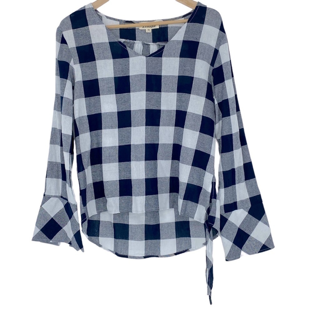 Listicle blue white buffalo check plaid LS top, M